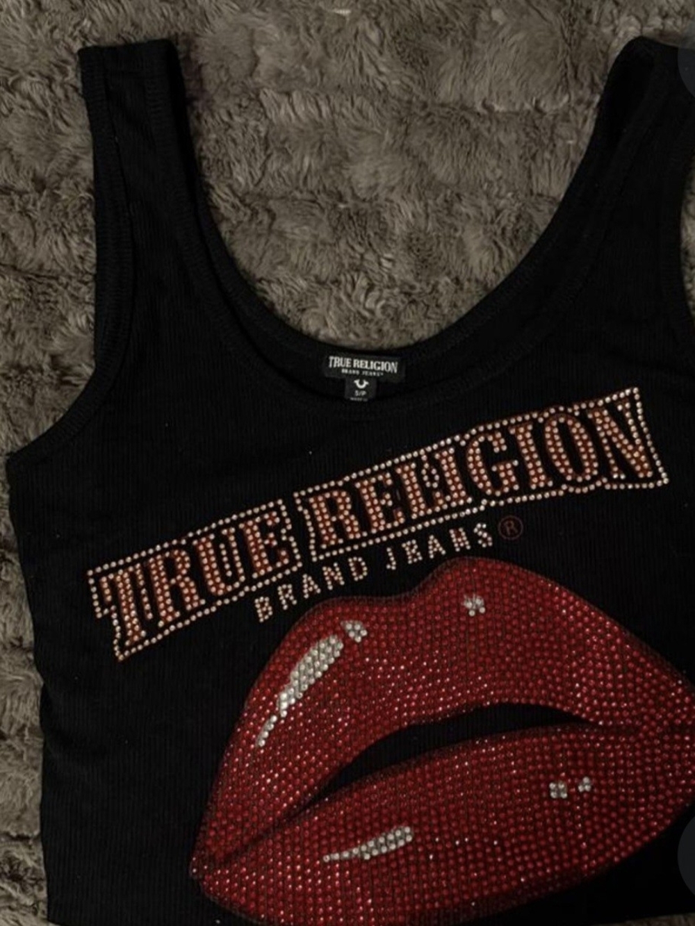 True Religion Black Rhinestone Lip Tank Top